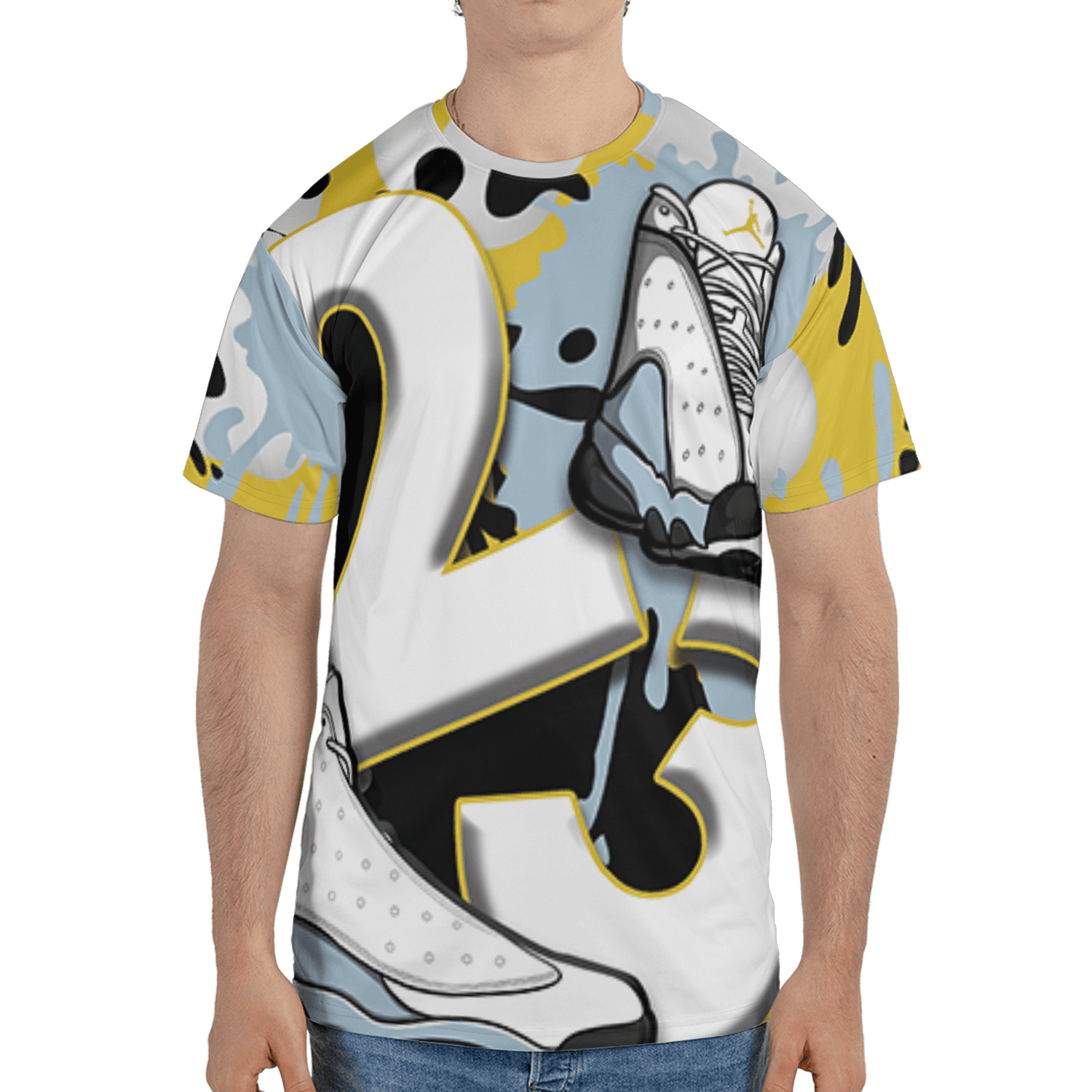 Blue Grey 13s T Shirt Match Number 23 Paint White Monochrome Ball 3D All-Over Print - NastyJamz