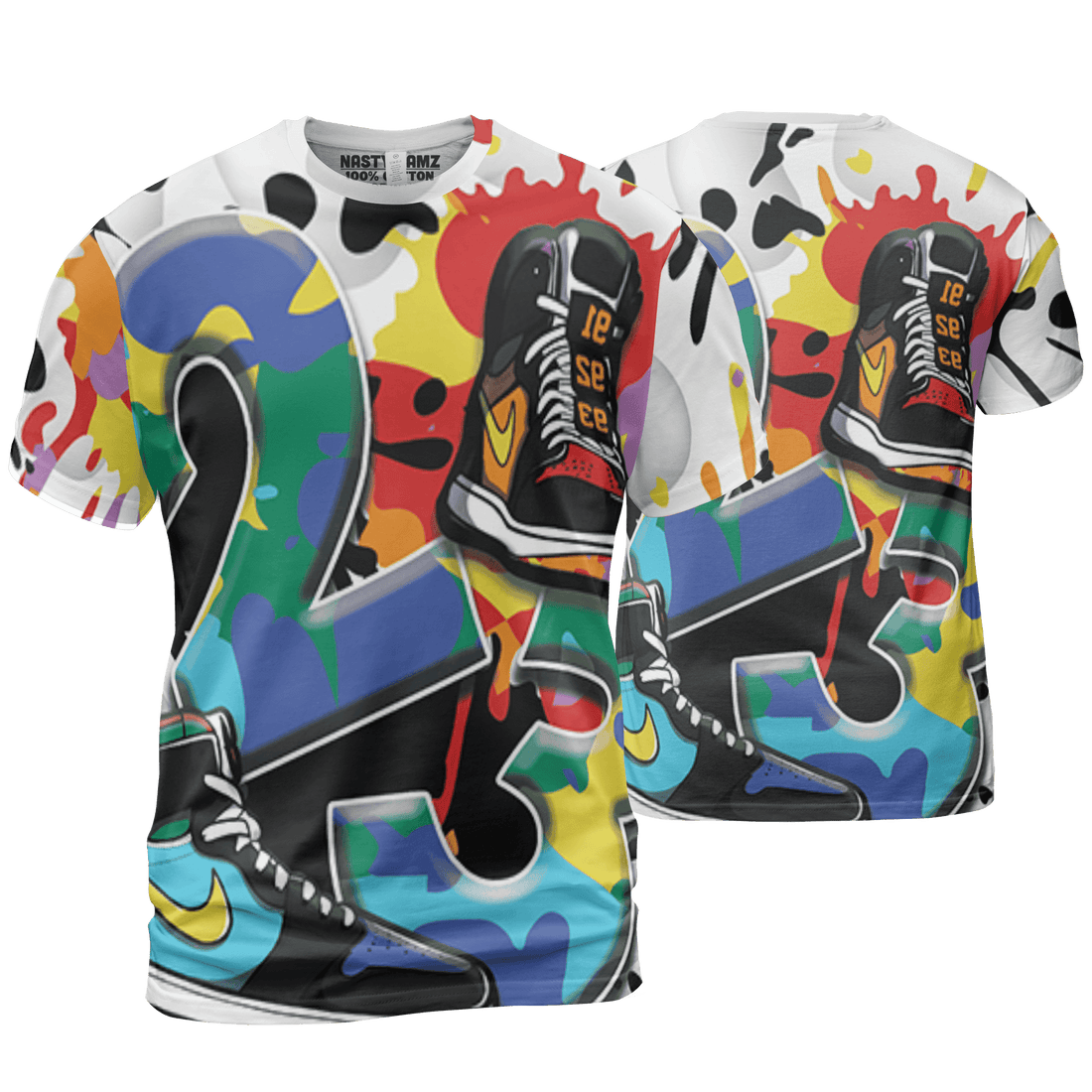 Mid GS Six Championships 1s T Shirt Match Number 23 Paint White Monochrome Ball 3D All-Over Print - NastyJamz