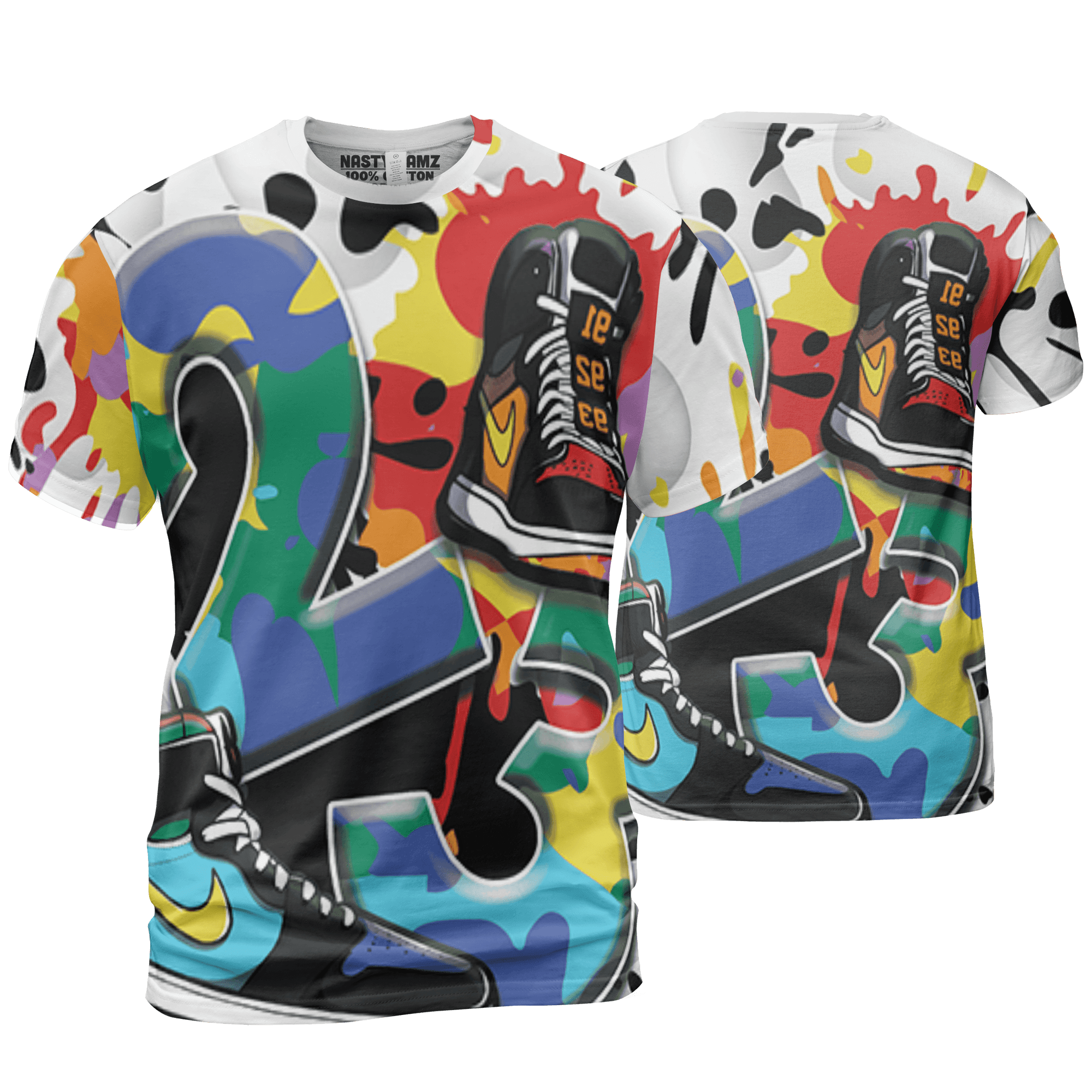 Mid GS Six Championships 1s T Shirt Match Number 23 Paint White Monochrome Ball 3D All-Over Print - NastyJamz