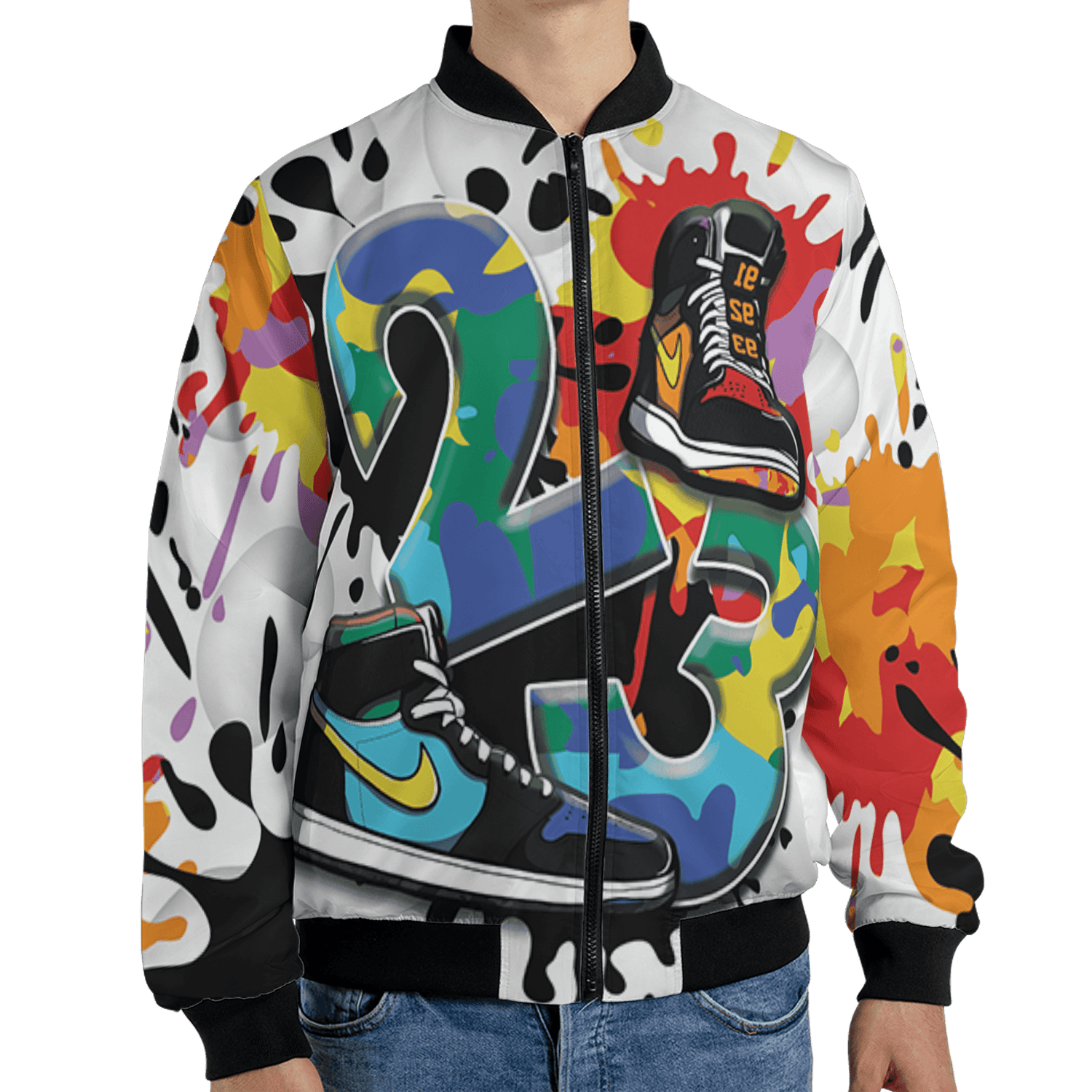 Mid GS Six Championships 1s Jacket Match Number 23 Paint White Monochrome Ball 3D All-Over Print - NastyJamz