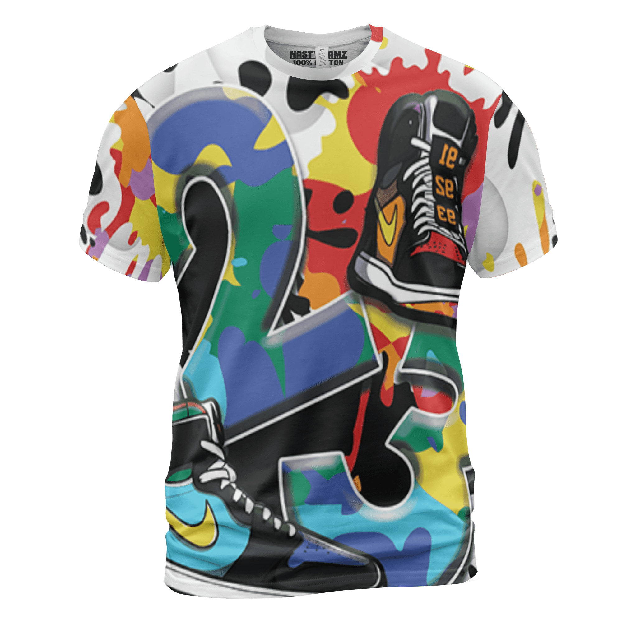 Mid GS Six Championships 1s T Shirt Match Number 23 Paint White Monochrome Ball 3D All-Over Print - NastyJamz