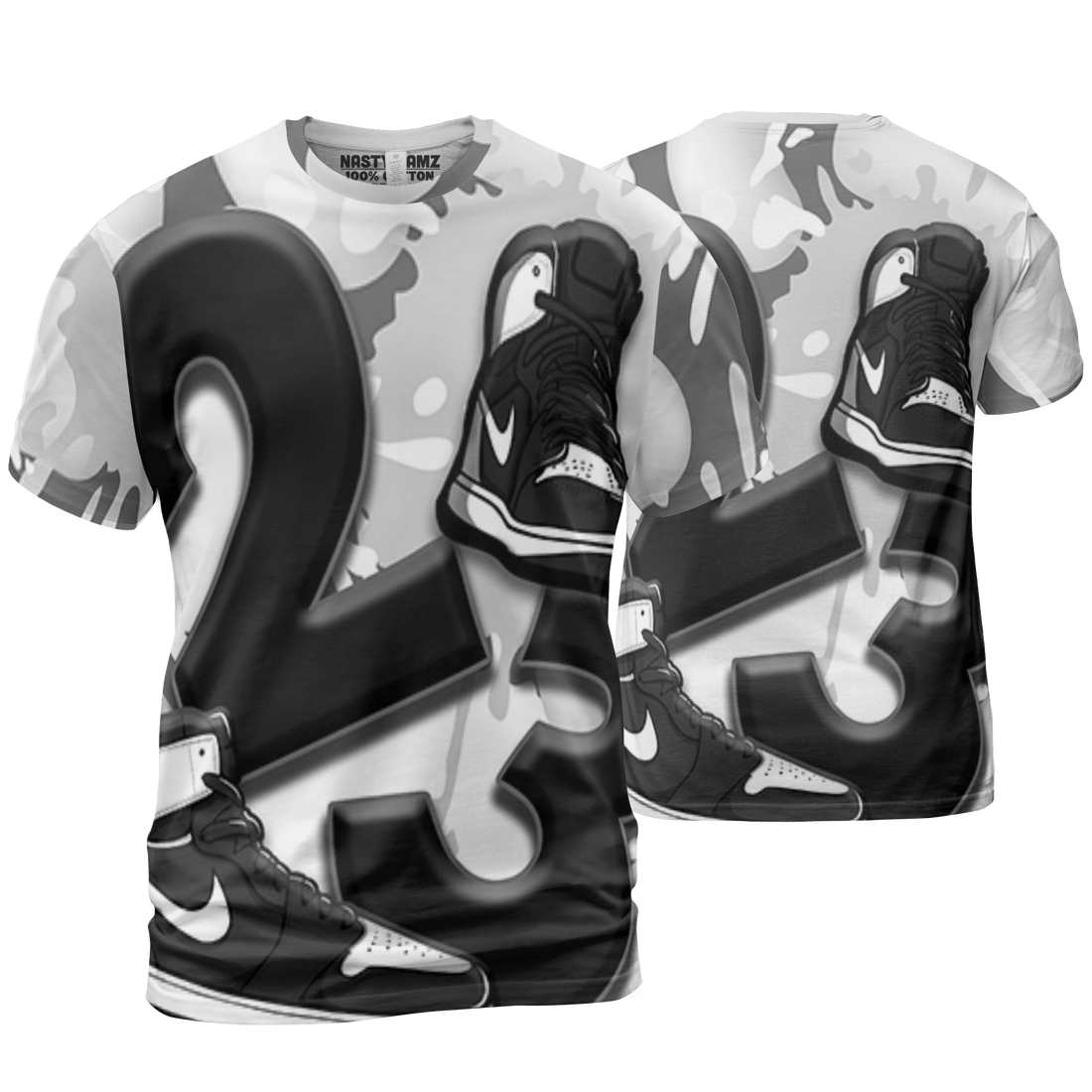 Retro High OG Black White 1s T Shirt Match Number 23 Paint White Monochrome Ball 3D All-Over Print - NastyJamz