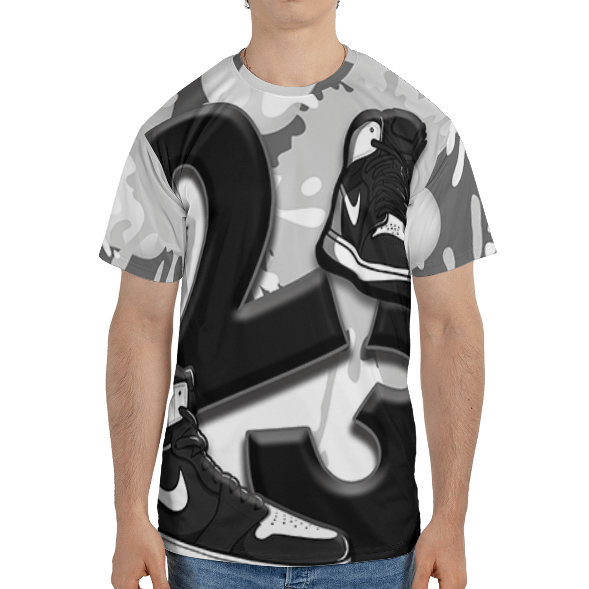Retro High OG Black White 1s T Shirt Match Number 23 Paint White Monochrome Ball 3D All-Over Print - NastyJamz