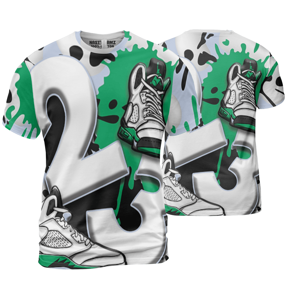 Lucky Green 5s T Shirt Match Number 23 Paint White Monochrome Ball 3D All-Over Print - NastyJamz