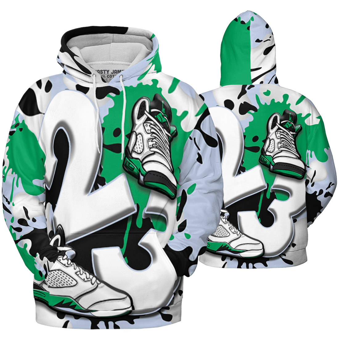 Lucky Green 5s Hoodie Match Number 23 Paint White Monochrome Ball 3D All-Over Print - NastyJamz