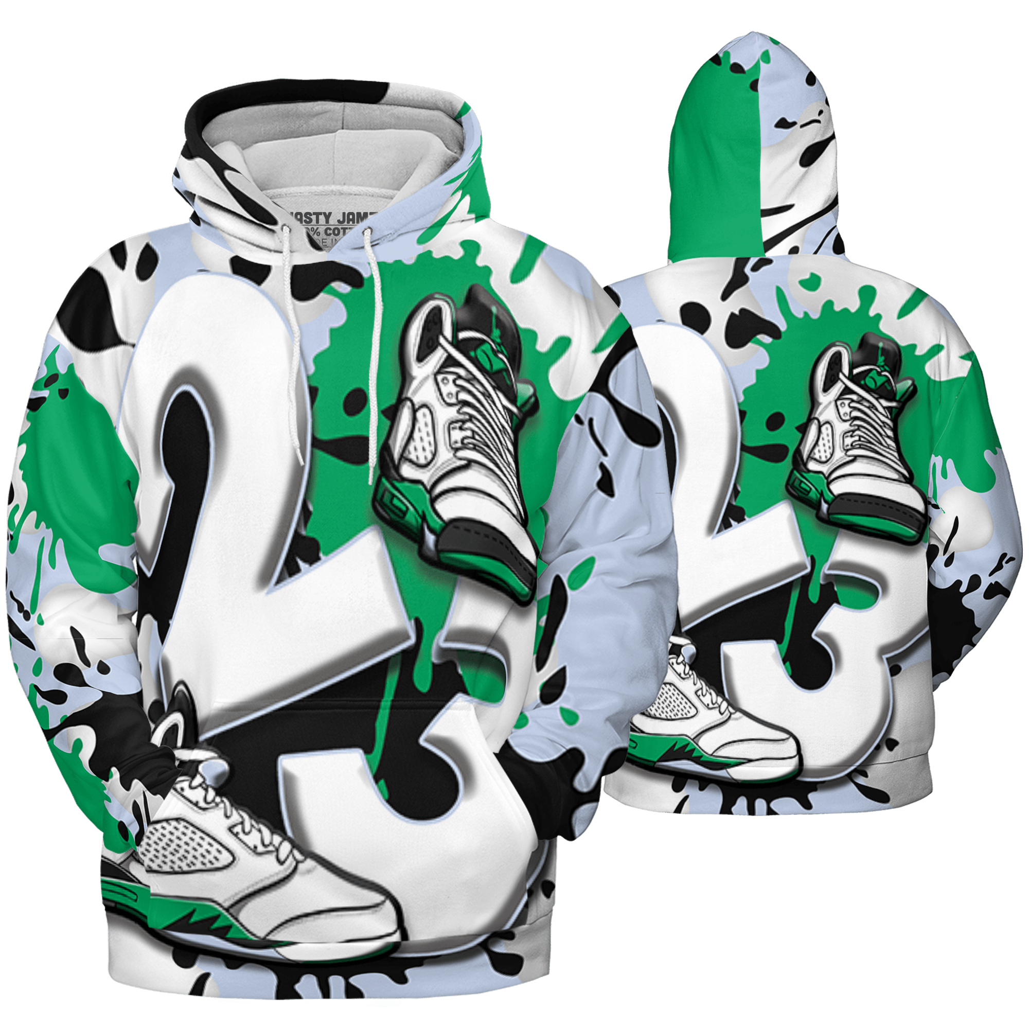 Lucky Green 5s Hoodie Match Number 23 Paint White Monochrome Ball 3D All-Over Print - NastyJamz