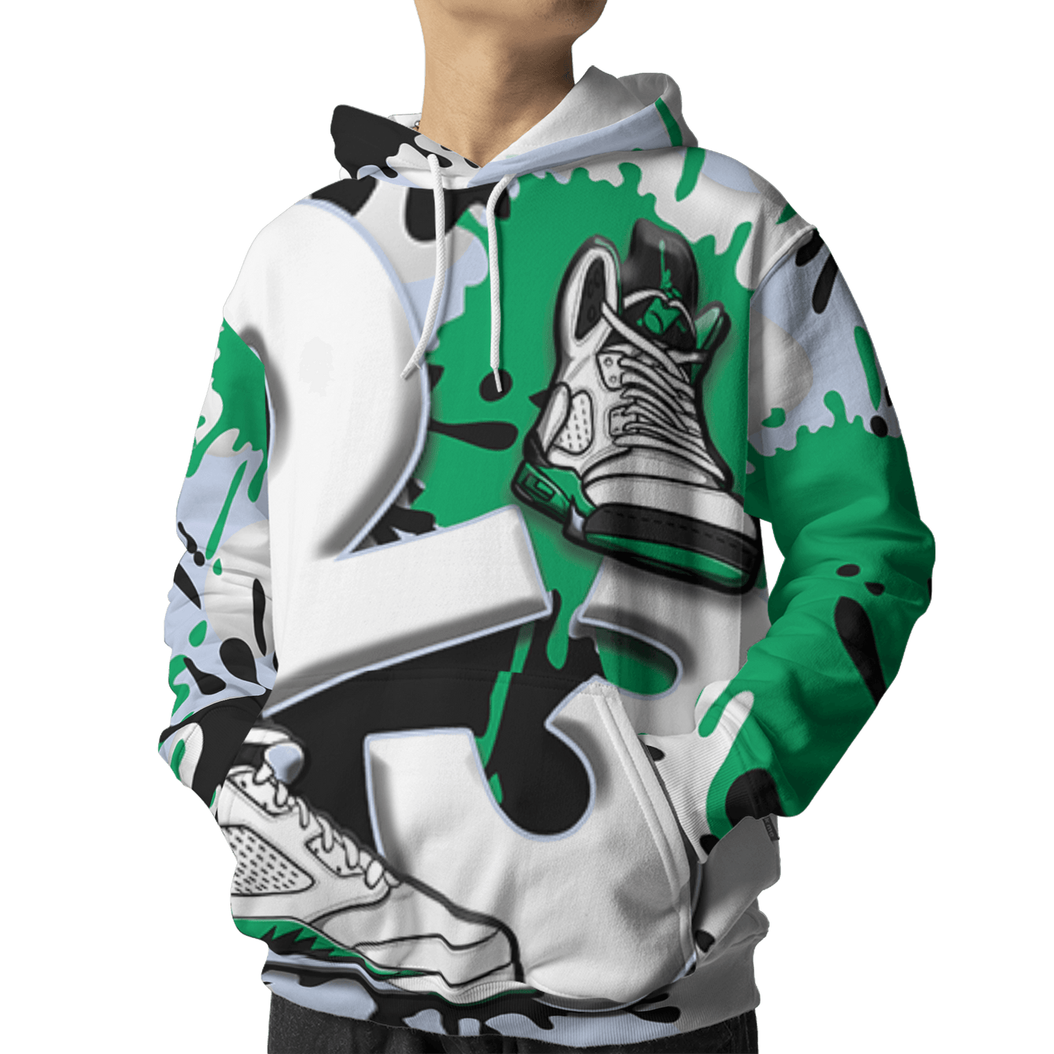 Lucky Green 5s Hoodie Match Number 23 Paint White Monochrome Ball 3D All-Over Print - NastyJamz