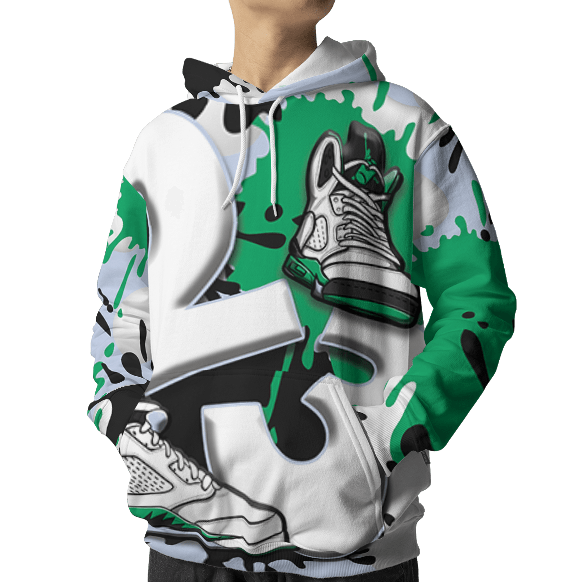 Lucky Green 5s Hoodie Match Number 23 Paint White Monochrome Ball 3D All-Over Print - NastyJamz