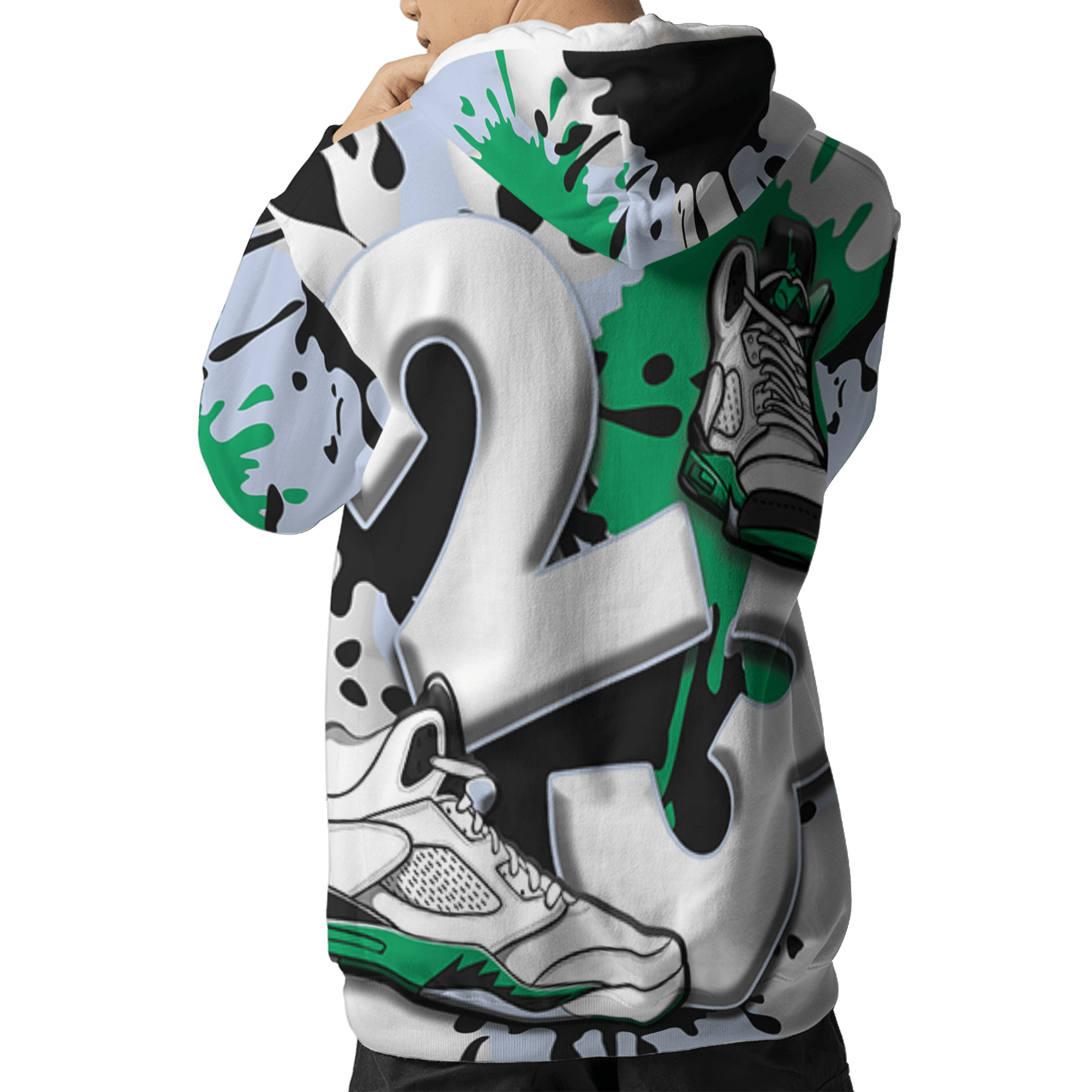 Lucky Green 5s Hoodie Match Number 23 Paint White Monochrome Ball 3D All-Over Print - NastyJamz