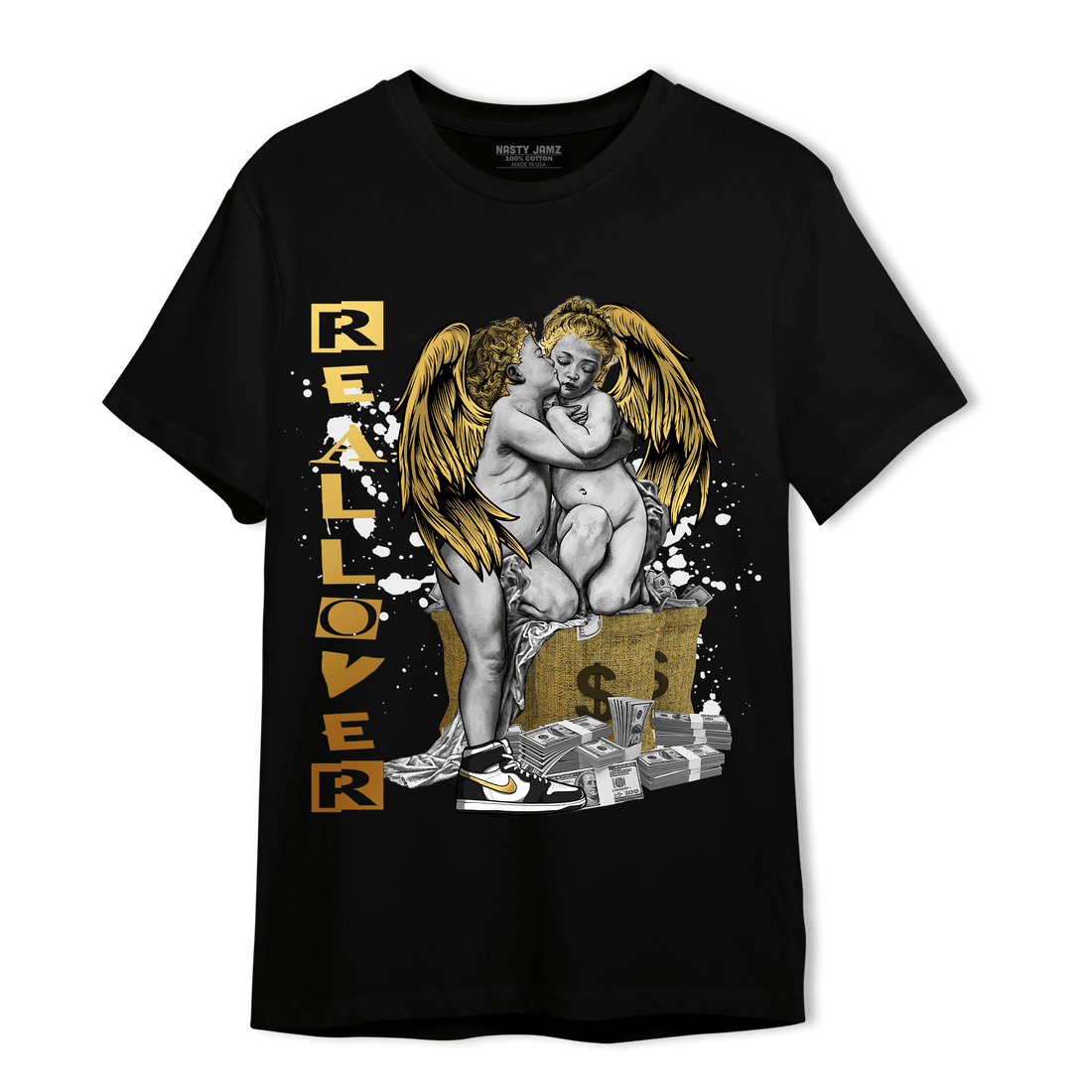 Mid SE Black Gold 1s T Shirt Match Real Lover Angel - NastyJamz