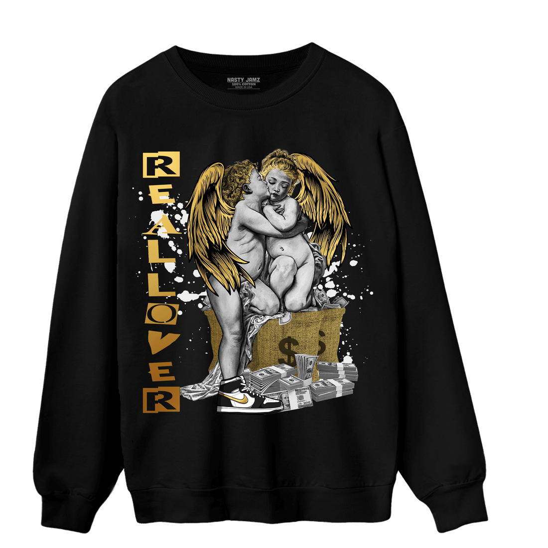 Mid SE Black Gold 1s Sweatshirt Match Real Lover Angel - NastyJamz