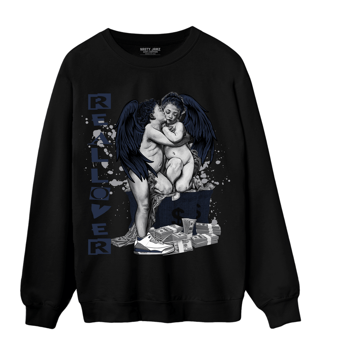 White Navy 3s Sweatshirt Match Real Lover Angel - NastyJamz