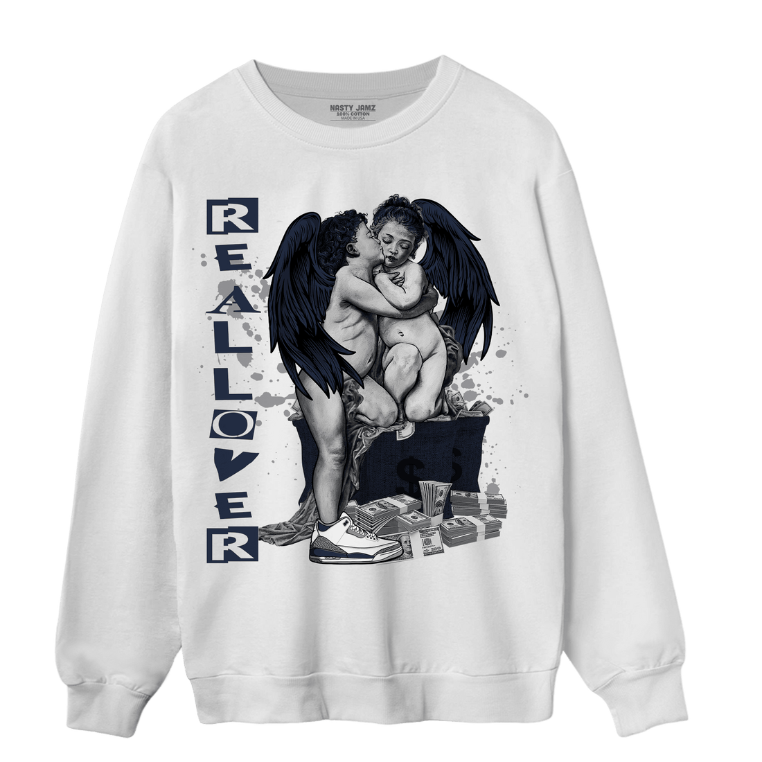 White Navy 3s Sweatshirt Match Real Lover Angel - NastyJamz