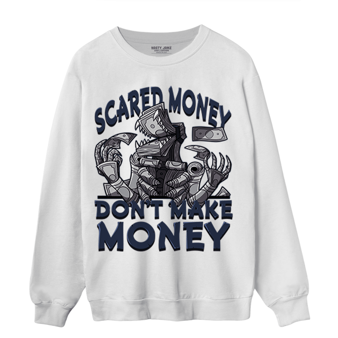 White Navy 3s Sweatshirt Match Scared Moneyy - NastyJamz