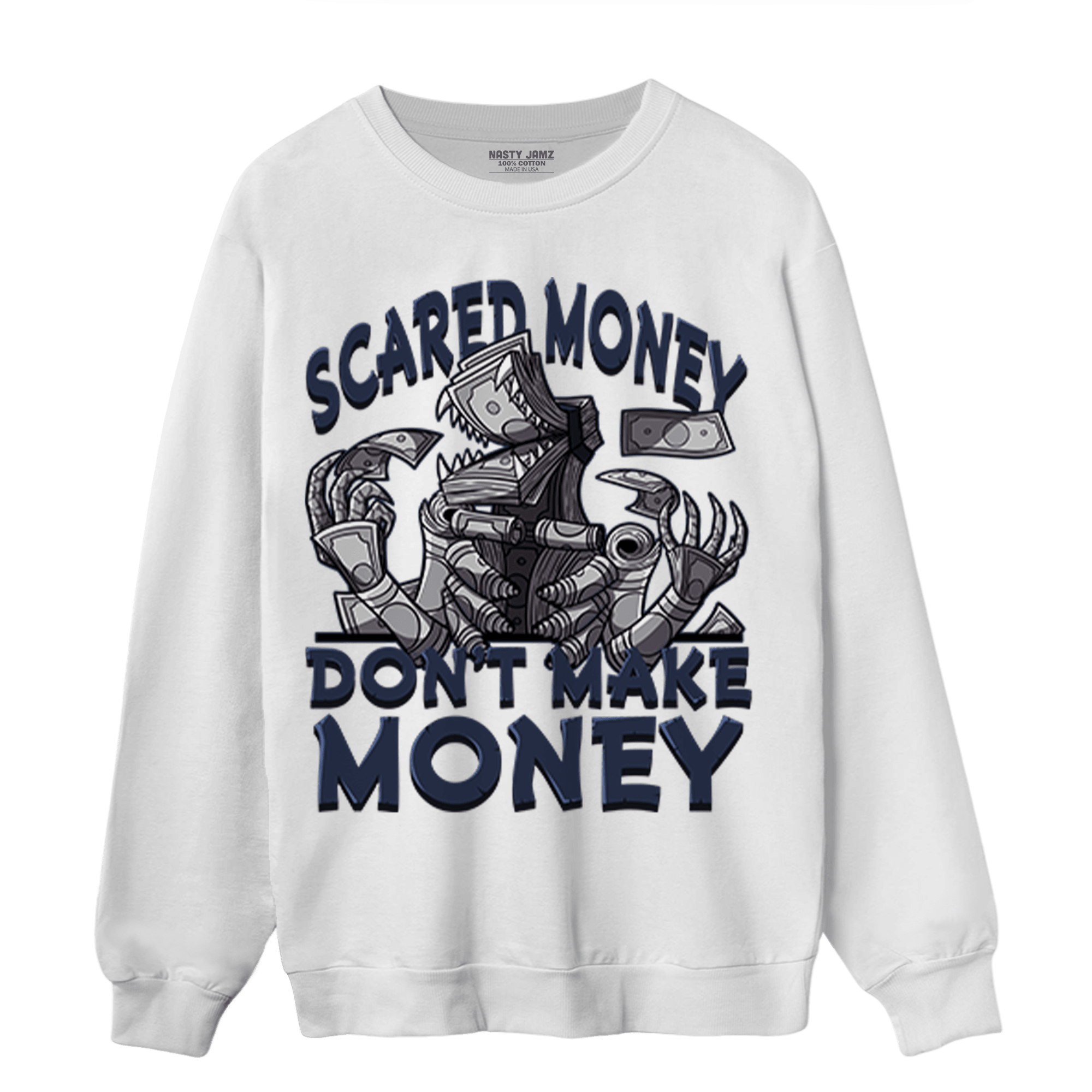 White Navy 3s Sweatshirt Match Scared Moneyy - NastyJamz