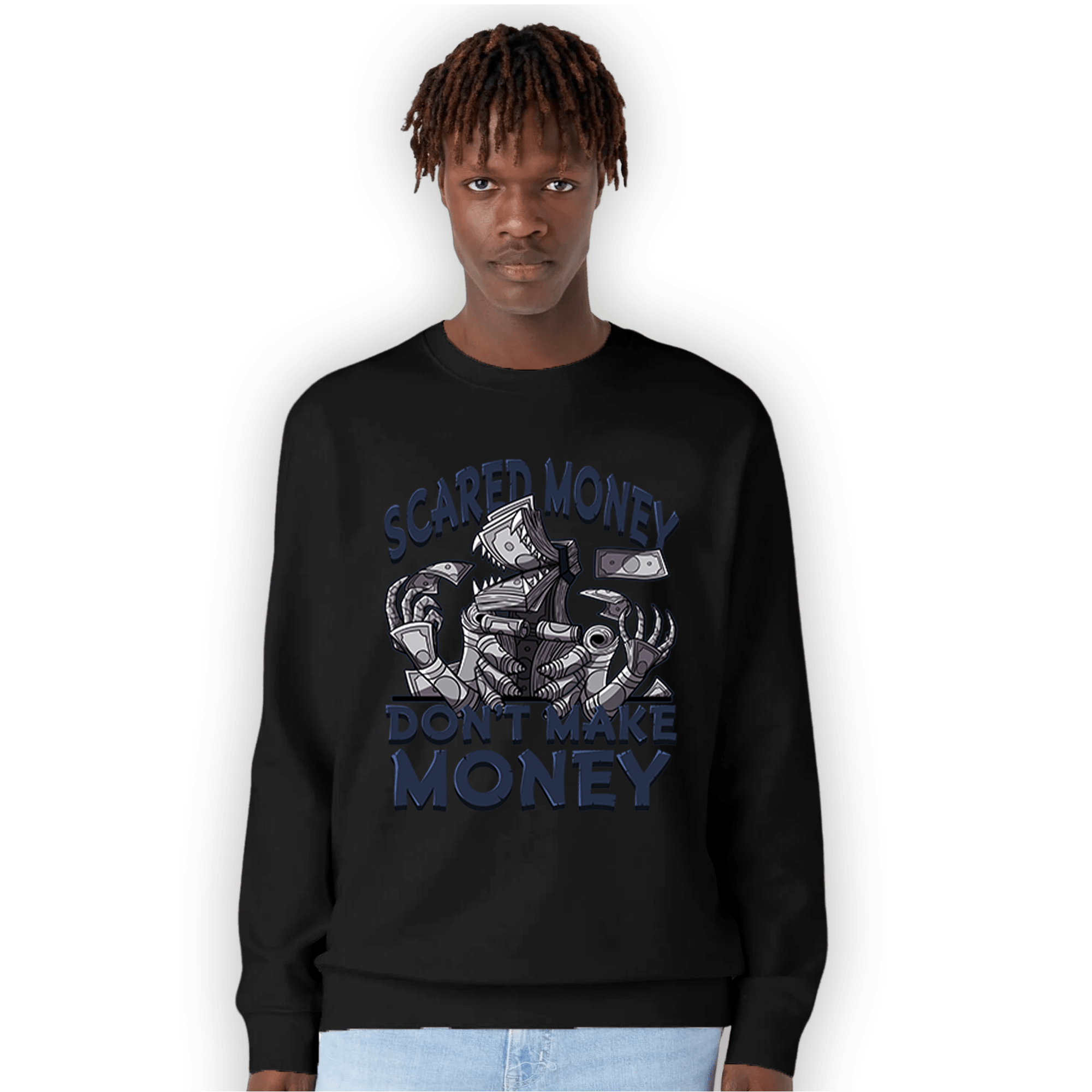 White Navy 3s Sweatshirt Match Scared Moneyy - NastyJamz