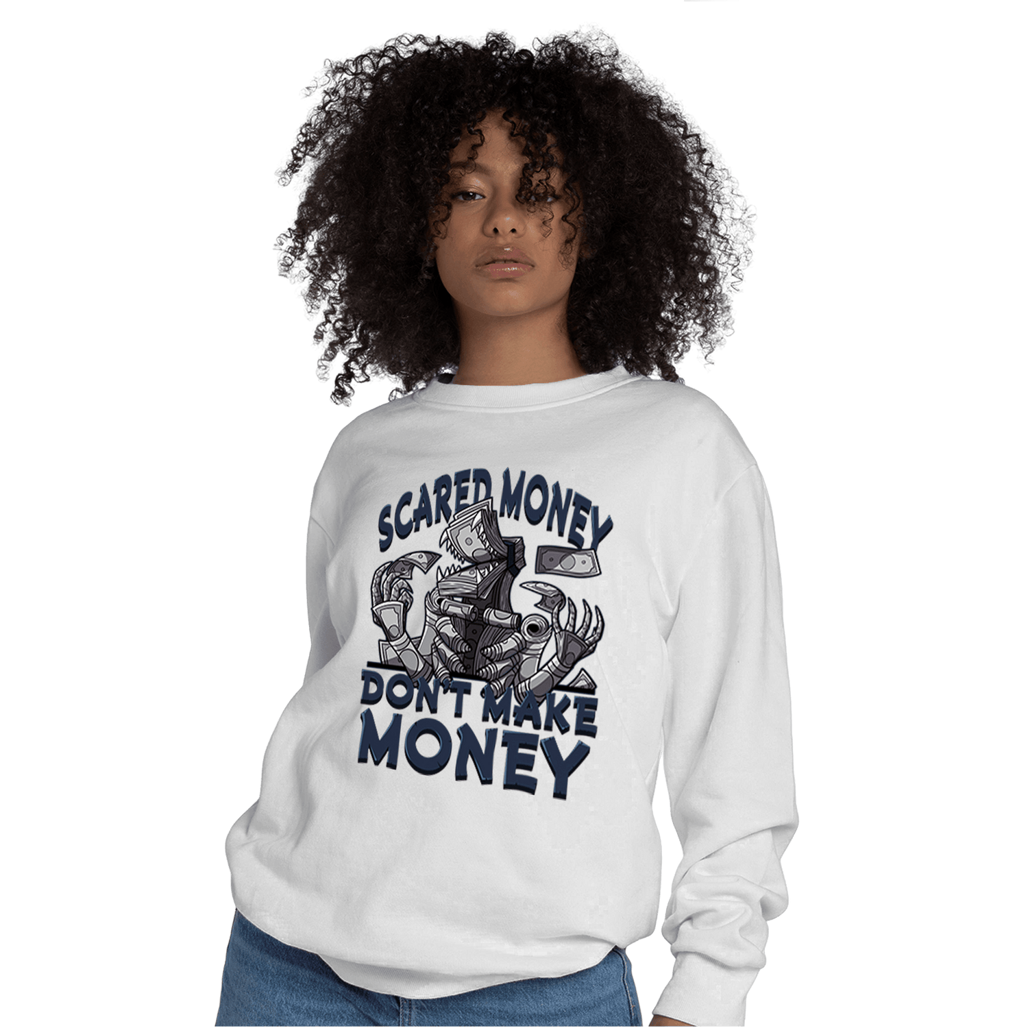 White Navy 3s Sweatshirt Match Scared Moneyy - NastyJamz