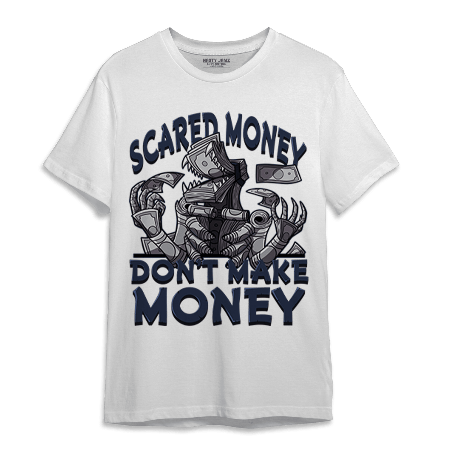 White Navy 3s T Shirt Match Scared Moneyy - NastyJamz