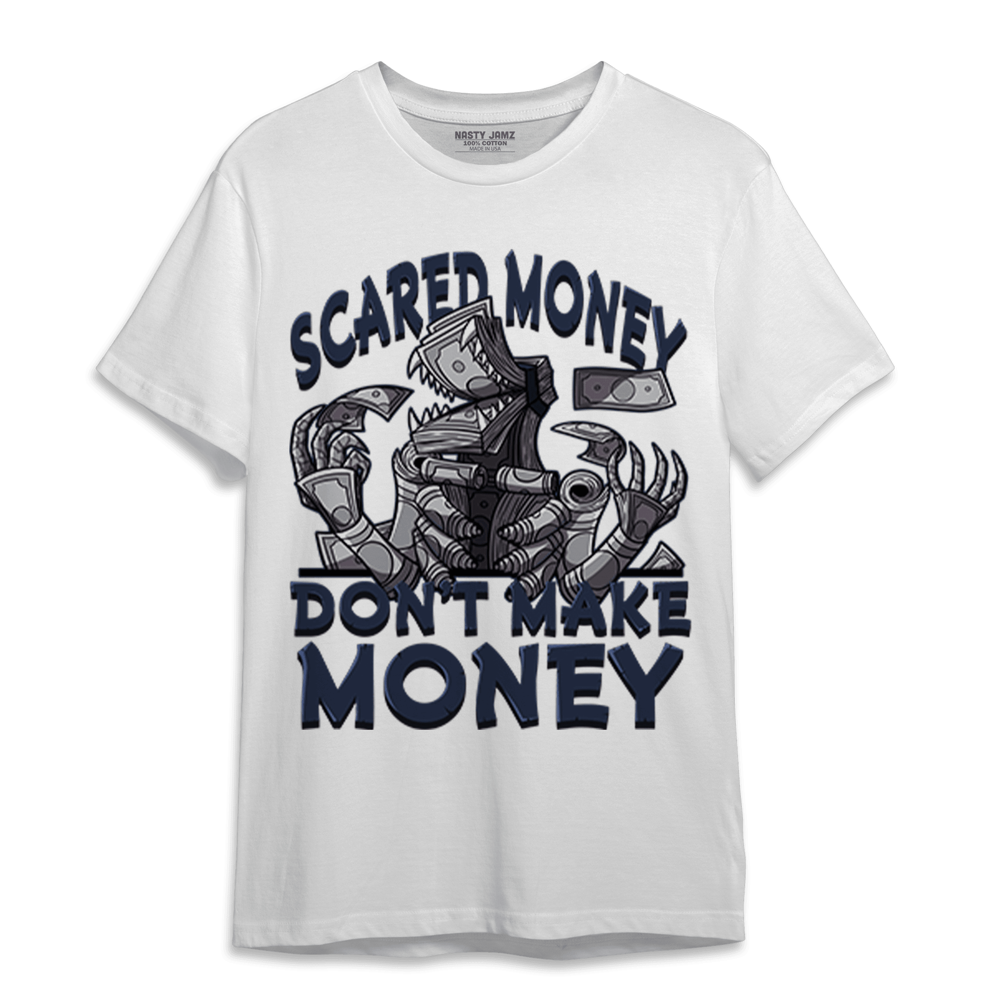 White Navy 3s T Shirt Match Scared Moneyy - NastyJamz